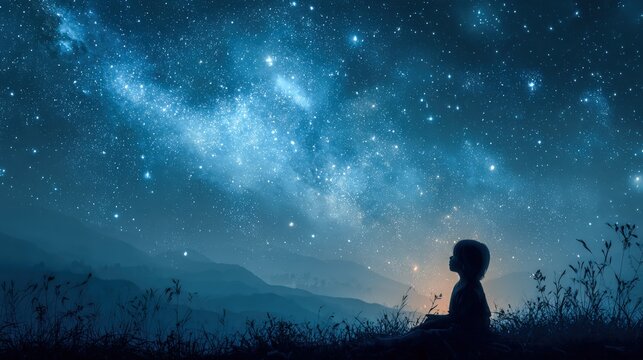 Contemplative Silhouette Gazing at the Starry Night Sky: A Serene Cosmic Landscape