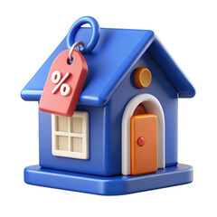 Stylized 3d cartoon blue house with a red tag featuring a white percentage symbol isolated on transparent background