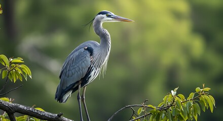 Fototapeta premium A vertical closeup of a beautiful great blue Heron standing on a tree on a blurry bokeh background - scenic perspective
