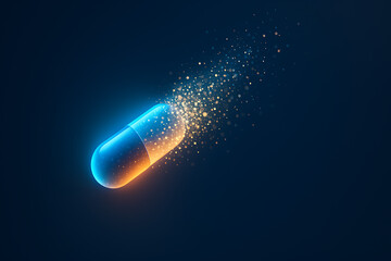 Futuristic glowing pharmaceutical capsule dissolving into digital particles, medical drug concept for innovation, biotechnology, advanced treatment, nanomedicine, futuristic healthcare, 3d illustratio