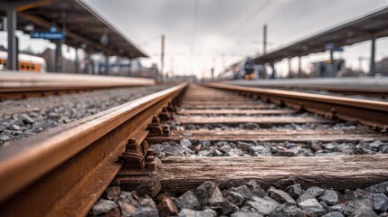 Railway Tracks Stretching into the Distance at a Train Station on an Overcast Day