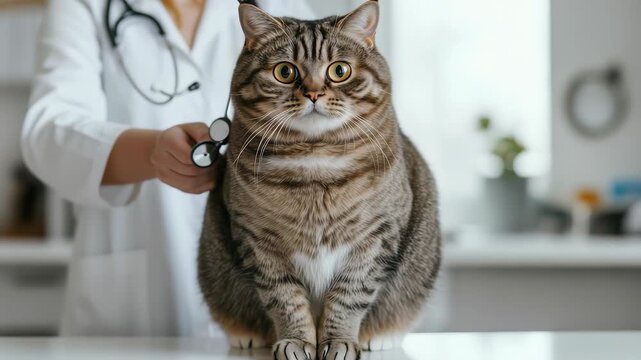A brown tabby cat is being examined by a veterinarian in a clinic. The vet, wearing a white coat, is using a stethoscope to listen to the cat's heartbeat. The scene evokes professional pet healthcare.
