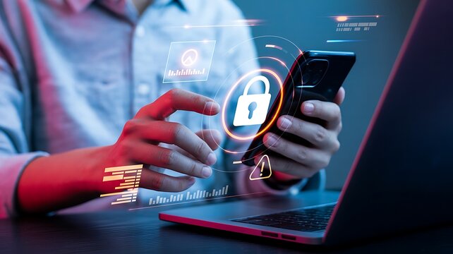 Person using smartphone with digital security lock and data visualization