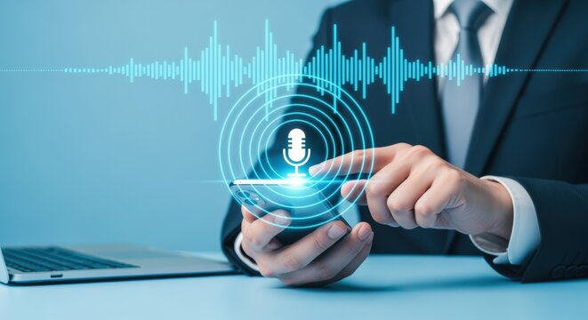 Businessman Utilizing Voice Recognition Technology with Holographic Interface on Smartphone for Modern Communication and Efficiency