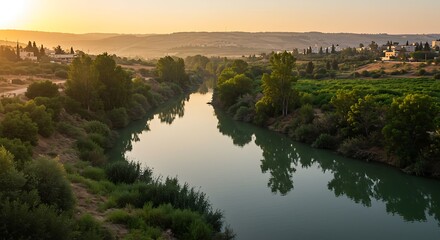 A tranquil scene of the Jordan River surrounded by lush greenery in northern Israel. - scenic perspective