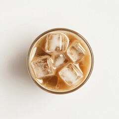 Top view of iced coffee in a clear glass with ice cubes drink beverage