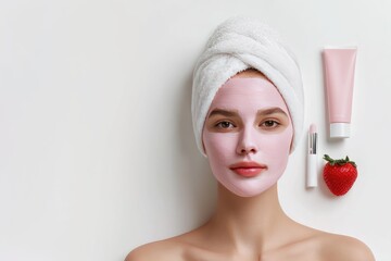 Shoulders and face of the girl and with a cosmetic pink mask on a white background. Next to a tube of cream, lipstick and one strawberry.
