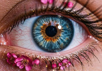 Extreme closeup of a vibrant blue and brown human eye adorned with glitter and delicate pink flowers