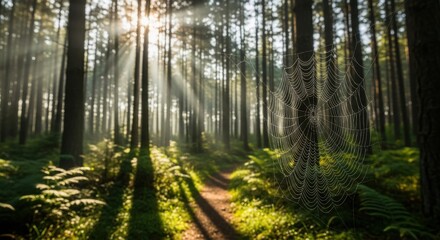 Obraz premium Sunbeams filtering through a lush green forest path