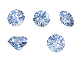 Five brilliant cut diamonds on black background, showing cut; for jewelry design or investment