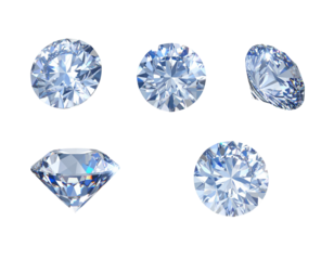 Five brilliant cut diamonds on black background, showing cut; for jewelry design or investment