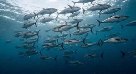 Obraz premium One school of kingfish tuna swimming underwater