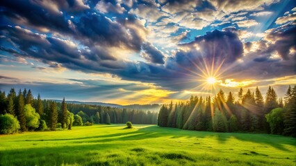 Dramatic sunset over a lush green meadow and pine forest