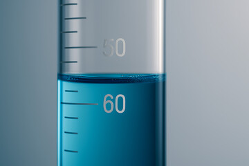 Close up of laboratory graduated cylinder with precise measurement scale, blue chemical liquid filling between 50 and 60 milliliter marks, scientific glassware for chemistry, research, analysis, and m