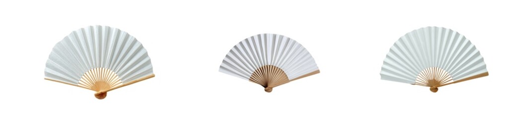 Three traditional folding paper fans isolated on transparent background