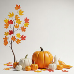 Autumn harvest display with pumpkins and colorful maple leaves