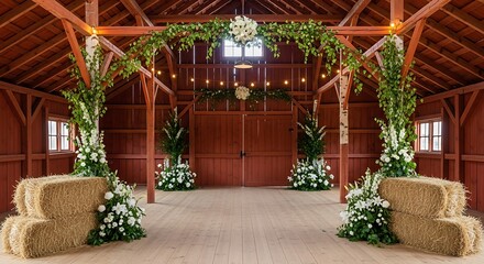 Rustic Barn Wedding Ceremony Setup with Hay Bales and Floral Arrangements