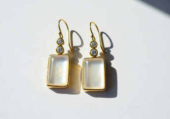 Gold rectangle mother of pearl earrings with diamond accent