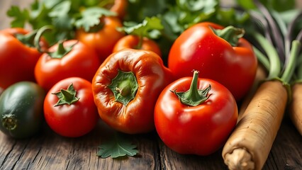 Close-up of vibrant organic vegetables on a rustic surface, highlighting healthy food choices.