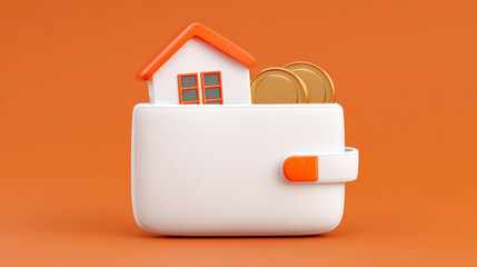 A concept of a wallet with house and coin symbolising finance for property. This imagery could be associated with real estate, investment and property market