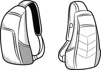 Sketch of a backpack, front and side view, detailed drawing, travel bag, school backpack, modern backpack design, backpack illustration