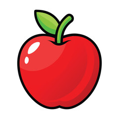 A vibrant cartoon illustration of a single ripe red apple with a bright green leaf and stem isolated on a white background perfect for educational or healthy eating themes