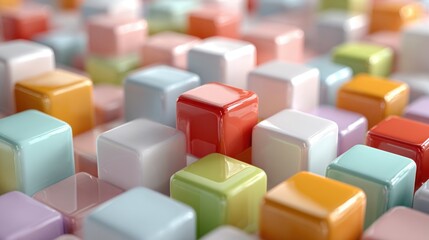 Fototapeta premium Glossy cubes in multiple pastel shades are tightly packed together, forming an eye-catching array. The glossy surfaces reflect light, showcasing a vibrant and playful combination of colors.
