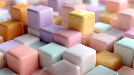 A collection of pastel-colored stacking blocks is artfully arranged, showcasing various shapes and sizes. These vibrant toys encourage imagination and creativity in children during playtime.