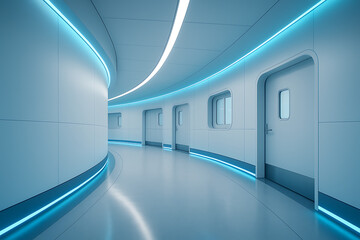 Futuristic hospital corridor with curved walls and glowing blue LED strip lighting, modern medical facility interior, clean sterile hallway design, advanced healthcare architecture and high-tech patie