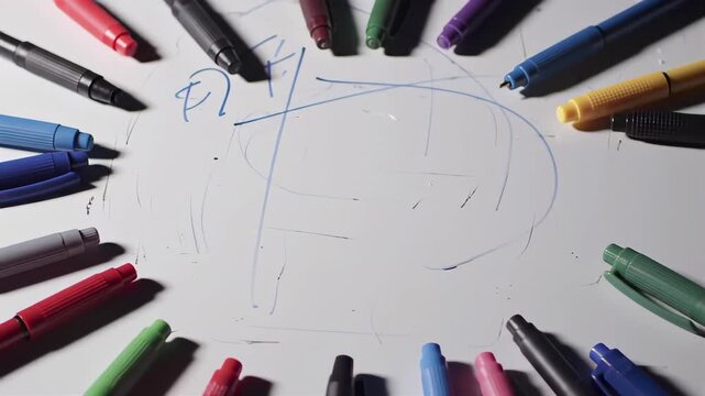 Overhead View of Colorful Markers Arranged Around Whiteboard with Blue Scribbles