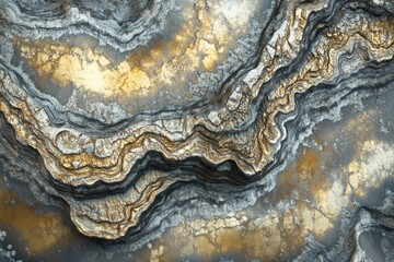 Abstract image of layered rock formations with gold and gray tones, resembling a geological landscape.