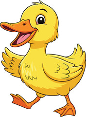 Cartoon Yellow Duck, Smiling Expression, Walking Pose, Open Beak, Wide Eyes, Spread Wings, Cute Animal, Vector PNG, White Background