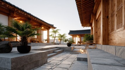 Fototapeta premium Warm evening light enhances the beauty of a modern hanok with traditional architecture, surrounded by a tranquil garden and reflecting pool