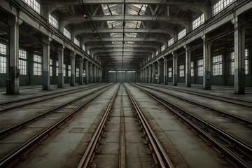Fototapeta premium Majestic, empty industrial hall or train depot with railway tracks leading into the distance. Grand architecture with dramatic light, evoking a sense of history and scale.