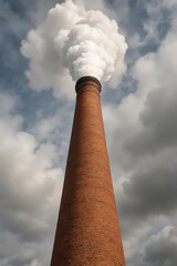 Powerful low-angle view of a brick industrial smokestack billowing thick white smoke into the sky. Symbol of industry, pollution, energy production, and climate change.