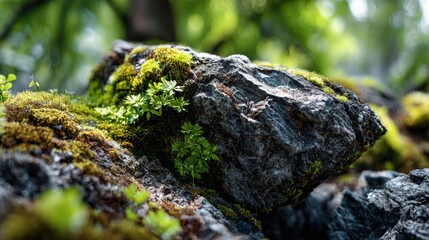 Close-up of a rock covered in moss and small plants.