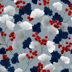 Delicate white poppies with vibrant red centers and deep blue leaves create a striking fabric design inspired by Art Deco aesthetics SEAMLESS PATTERN