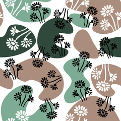 Abstract floral seamless pattern with organic shapes in earthy tones and black-and-white daisies on a crisp white background, perfect for textiles and backgrounds.