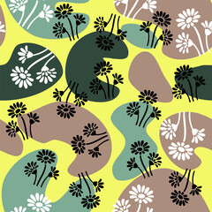 Abstract floral seamless pattern with organic shapes in earthy tones and black-and-white daisies on a bright yellow background, perfect for textiles and backgrounds.