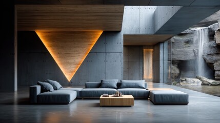 Modern living room showcases a triangular wooden wall, sleek furniture, and innovative LED lighting for a refined interior ambiance