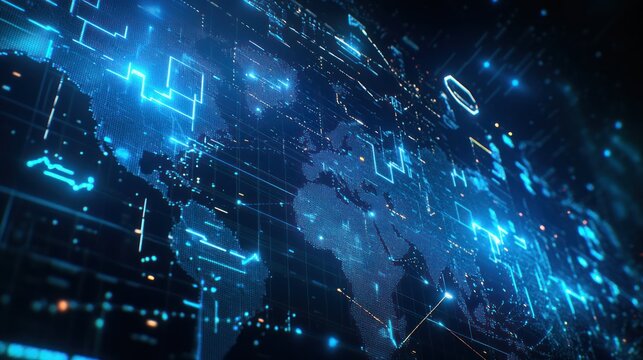 Global digital network, map, technology, futuristic background, showing data flow, ideal for stock photo or presentation slide