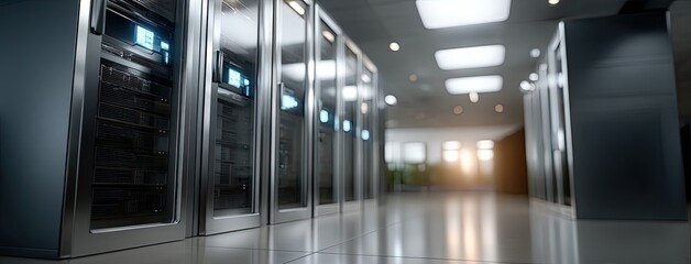 Rows of server racks illuminate the data center with blue lights, highlighting the sleek design and energy efficiency of modern technology