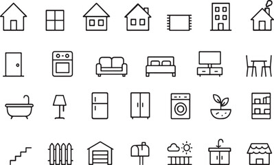 Collection of simple hand drawn line art icons representing various home and building elements for design projects