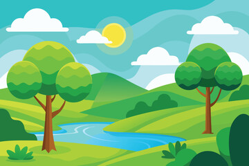 Obraz premium Serene summer landscape illustration with flowing river, trees, and bright sunshine for nature lovers