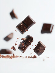 Dark Chocolate Pieces Breaking Apart and Floating falling