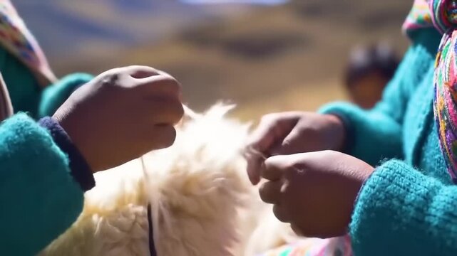 Close-up of hands separating fleece