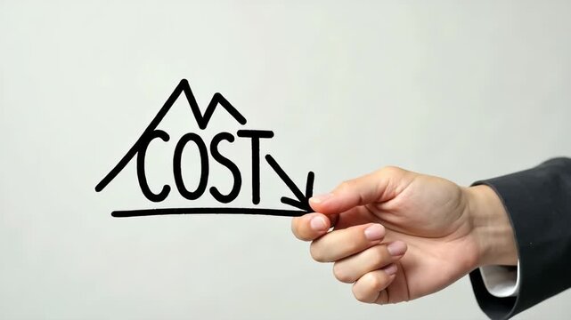 Cost reduction concept. Businessman working on company cost saving. Cost wording on decrease money with down arrow. Cost Management, Economy recession, low budget, Effective business processes.