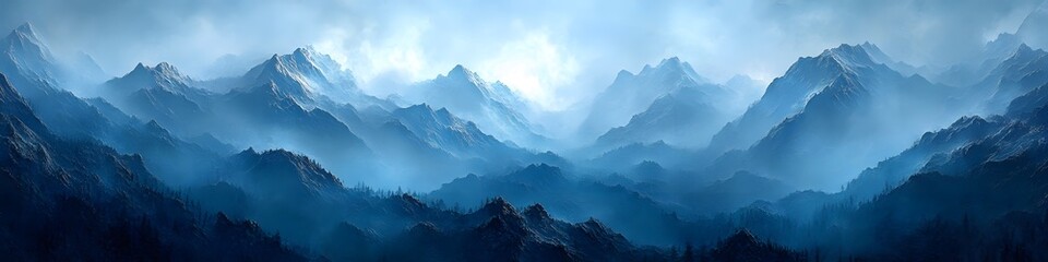 Explore misty mountain range landscape with blue hues and dramatic lighting for travel photography