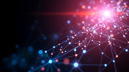 Futuristic network of glowing blue particles forming abstract data visualization on dark background.