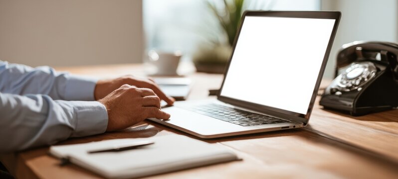 The laptop on a wooden desk with hands typing in a bright office setting.